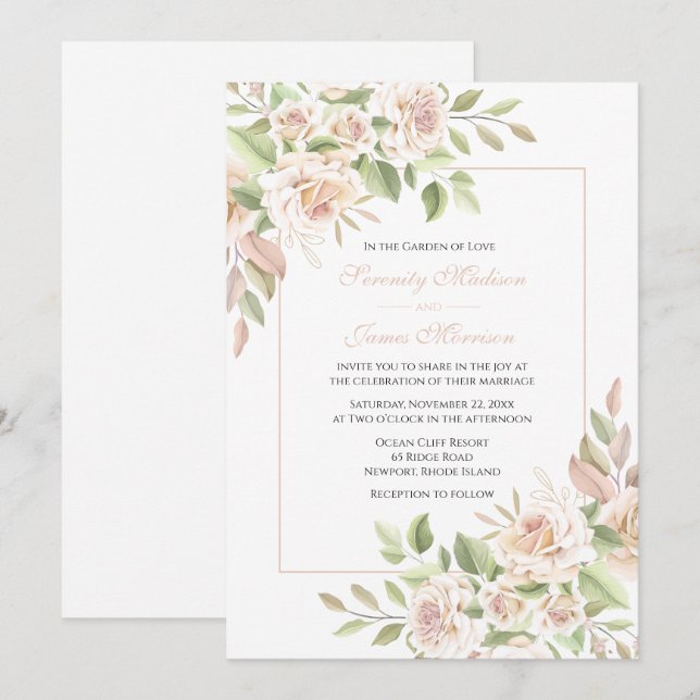 Elegant Rose Garden Pink Floral Wedding Invitation (Front/Back)