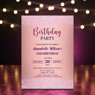 Elegant Rose Glitter Metallic Pink 25th Birthday  Invitation
