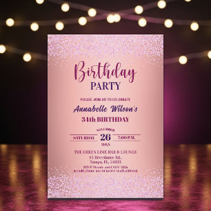 Elegant Rose Glitter Metallic Pink 34th Birthday Invitation