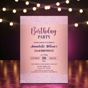 Elegant Rose Glitter Metallic Pink 43rd Birthday  Invitation