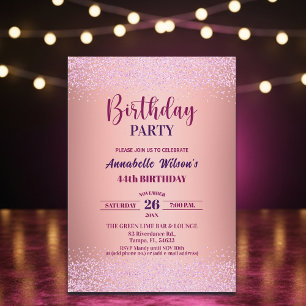 Elegant Rose Glitter Metallic Pink 44th Birthday Invitation