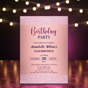 Elegant Rose Glitter Metallic Pink 52nd Birthday Invitation