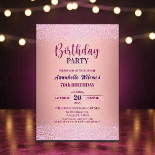 Elegant Rose Glitter Metallic Pink 70th Birthday Invitation