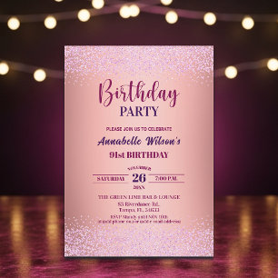 Elegant Rose Glitter Metallic Pink 91st Birthday Invitation