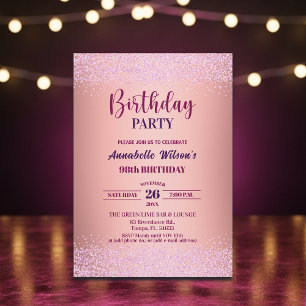Elegant Rose Glitter Metallic Pink 98th Birthday Invitation