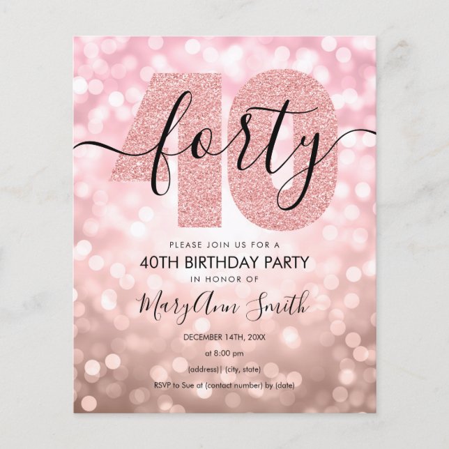 Elegant Rose Gold 40th Birthday Party Invite  Flyer (Front)