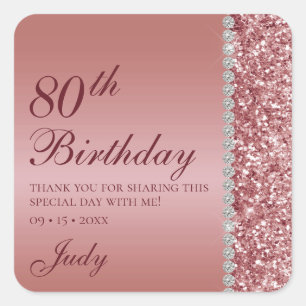Elegant Rose Gold 80th Birthday Thank You Square Sticker