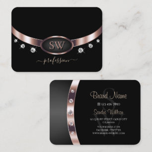 Elegant Rose Gold and Black Initials Rhinestones Business Card