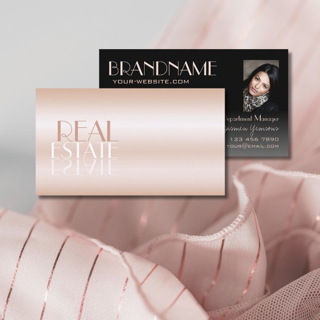 Elegant Rose Gold and Black Mirror Font with Photo Business Card (Creator Uploaded)