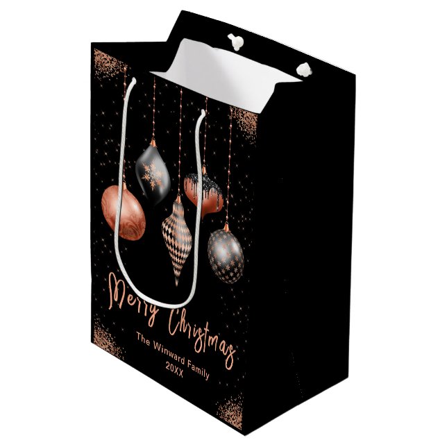 Elegant Rose Gold and Black Ornament Christmas Medium Gift Bag (Front Angled)
