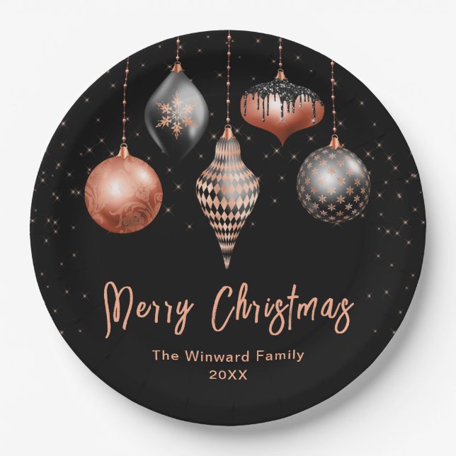Elegant Rose Gold and Black Ornament Christmas Paper Plate (Front)