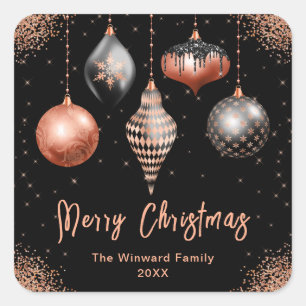 Elegant Rose Gold and Black Ornament Christmas Square Sticker