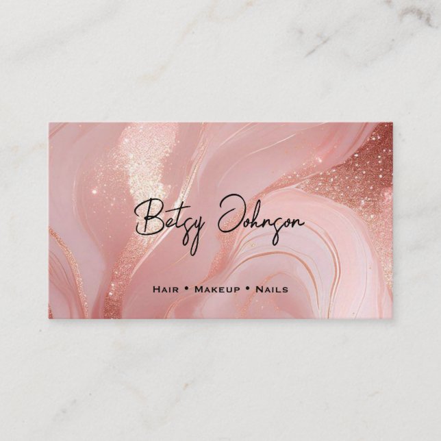 Elegant Rose Gold and Glitter Marbled Business Card (Front)