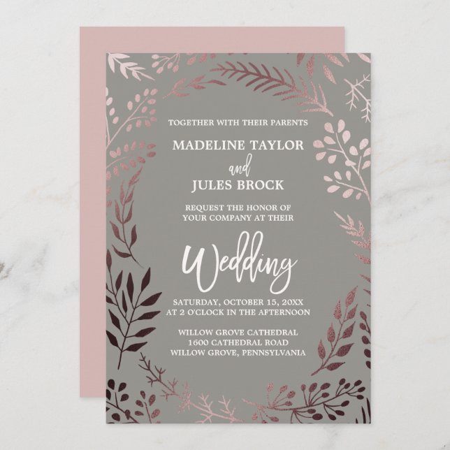 Elegant Rose Gold and Grey | Leafy Frame Wedding Invitation (Front/Back)