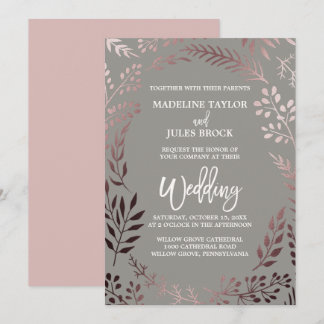 Elegant Rose Gold and Grey | Leafy Frame Wedding Invitation