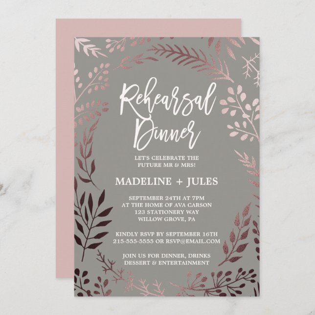 Elegant Rose Gold and Grey Rehearsal Dinner Invitation (Front/Back)