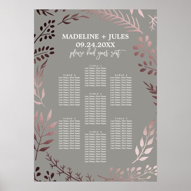 Elegant Rose Gold and Grey Wedding Seating Chart (Front)