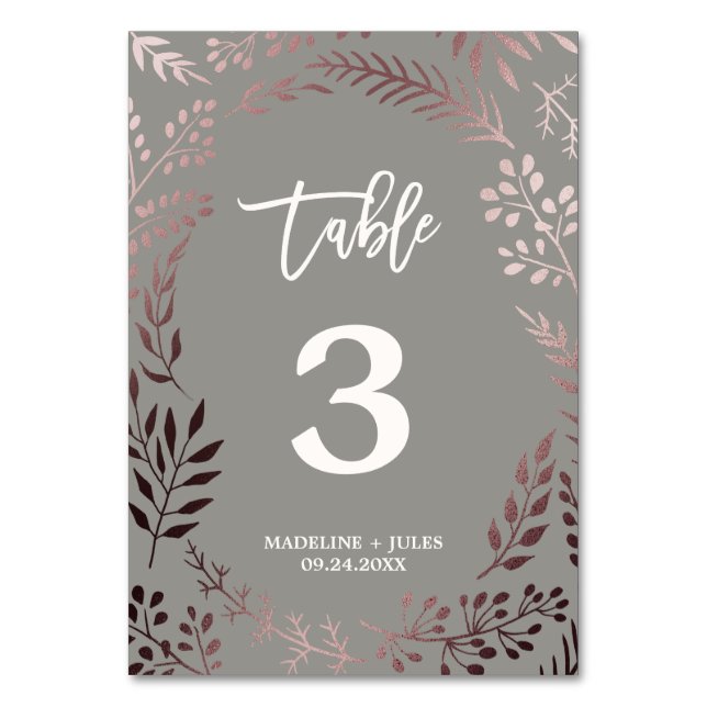 Elegant Rose Gold and Grey Wedding Table Number (Front)