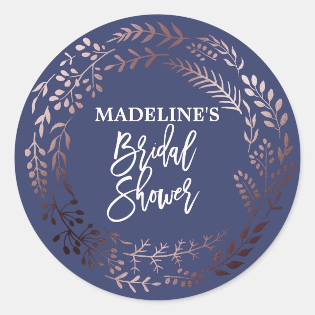 Elegant Rose Gold and Navy Bridal Shower Classic Round Sticker (Front)