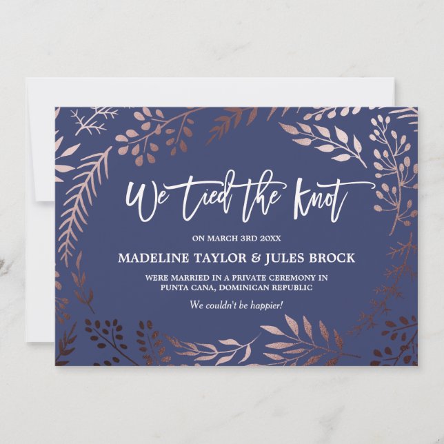 Elegant Rose Gold and Navy Elopement Announcement (Front)