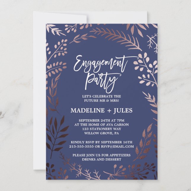 Elegant Rose Gold and Navy Engagement Party Invitation (Front)