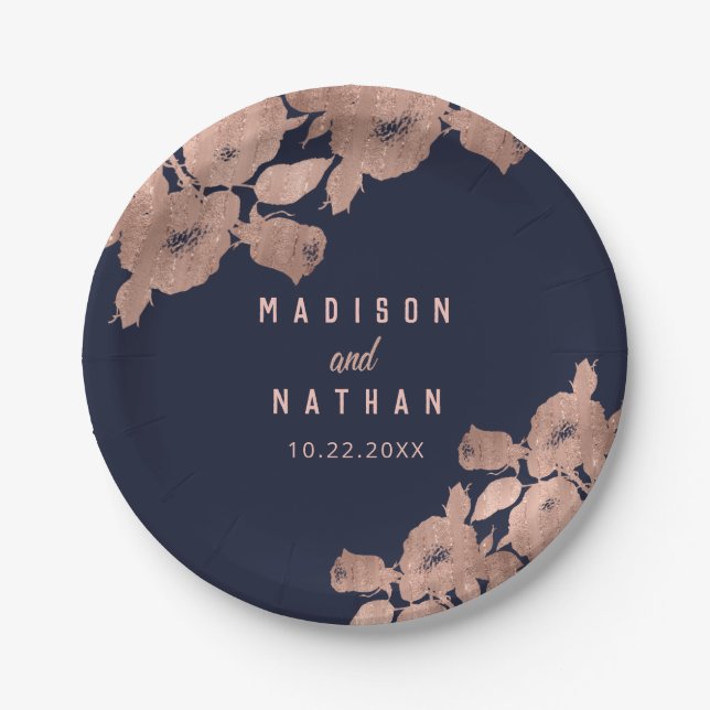 Elegant Rose Gold and Navy Floral Wedding Napkins Paper Plate (Front)