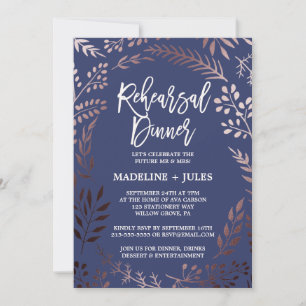 Elegant Rose Gold and Navy Rehearsal Dinner Invitation