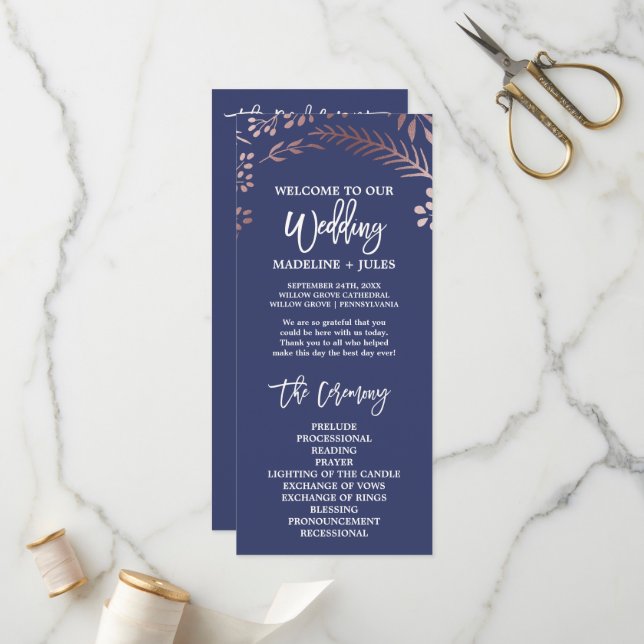Elegant Rose Gold and Navy Wedding Program (Front/Back In Situ)
