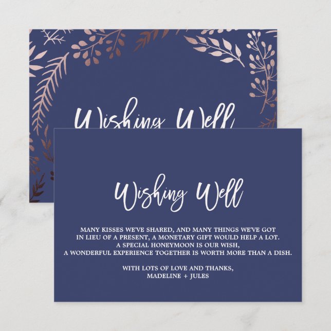 Elegant Rose Gold and Navy Wedding Wishing Well Enclosure Card (Front/Back)