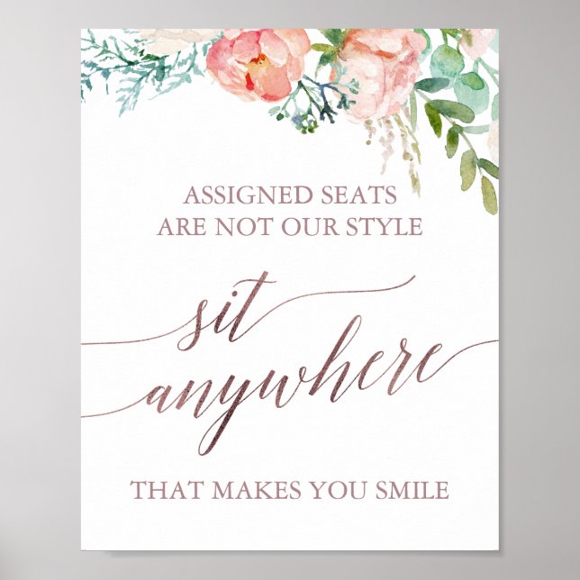 Elegant Rose Gold and Peony Sit Anywhere Sign (Front)
