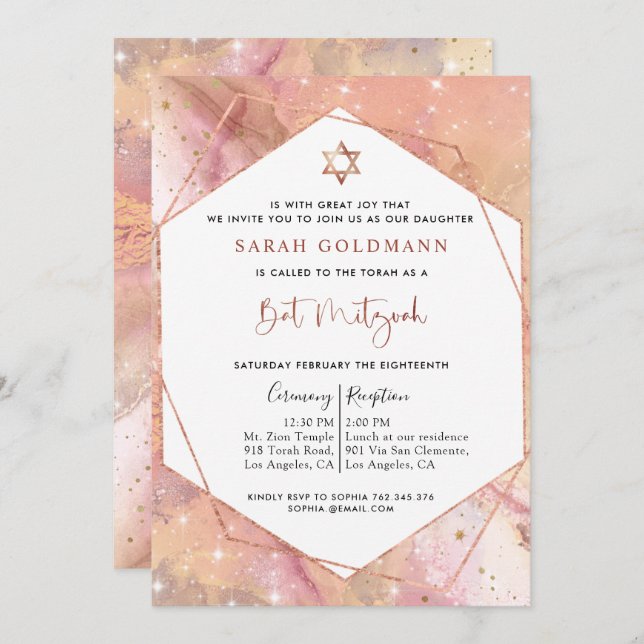Elegant Rose Gold and Pink Celestial Bat Mitzvah Invitation (Front/Back)