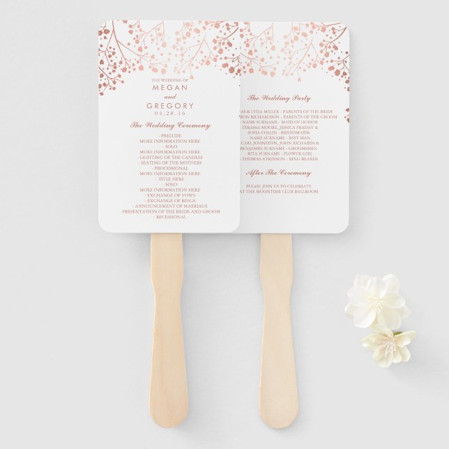 Elegant Rose Gold and White Wedding Program Hand Fan (Front and Back)