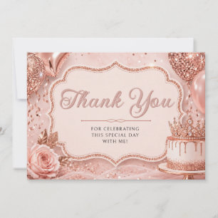 Elegant Rose Gold Balloons Birthday Thank You Card