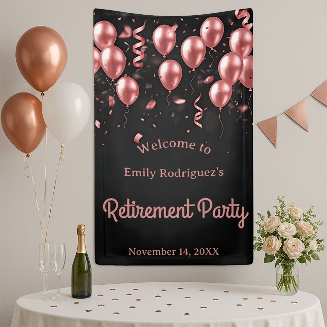 Elegant Rose Gold Balloons Black Retirement Party Banner (Creator Uploaded)