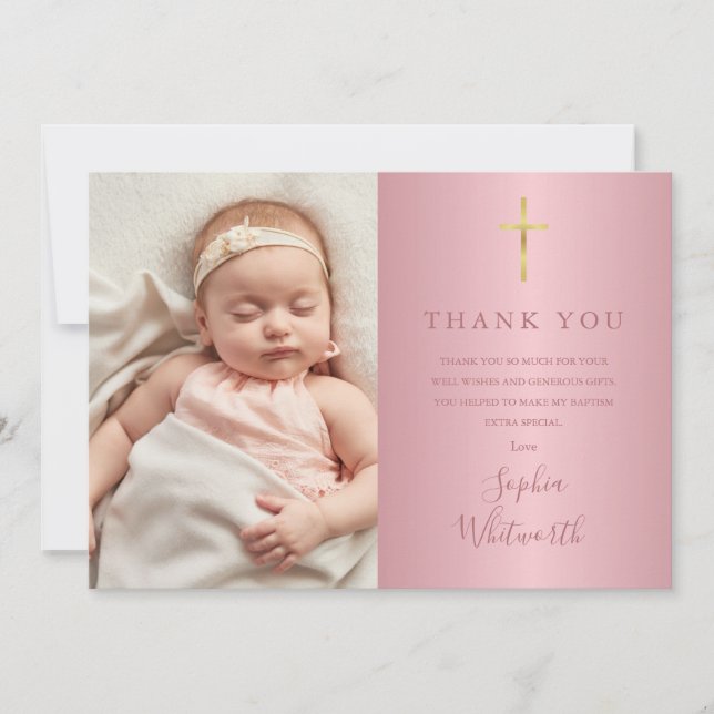Elegant Rose Gold Baptism Christening Photo Thank You Card (Front)