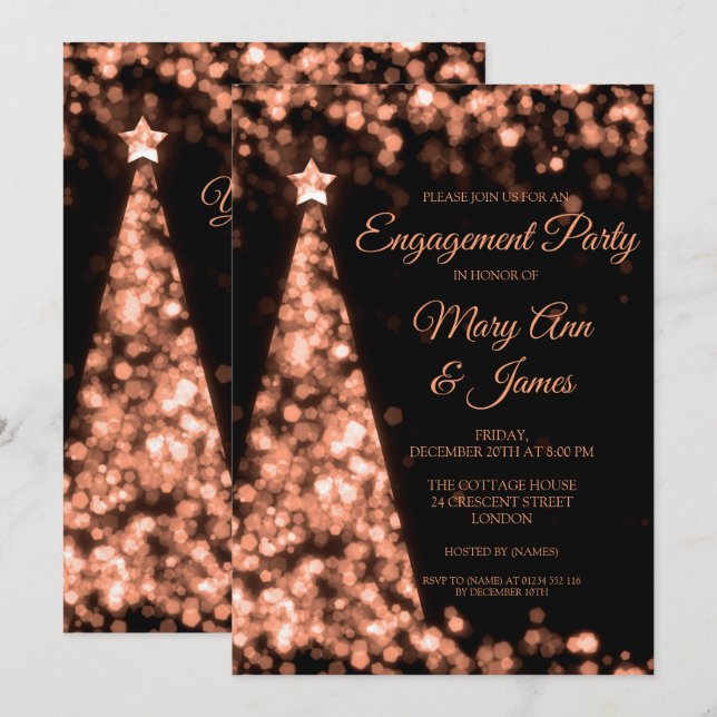 Elegant Rose Gold Black Christmas Engagement Party Invitation (Front/Back)