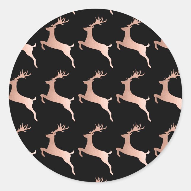 Elegant Rose Gold Black Christmas Reindeer Pattern Classic Round Sticker (Front)