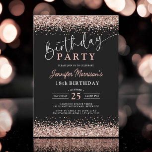 Elegant Rose Gold Black Glitter 18th Birthday Invitation