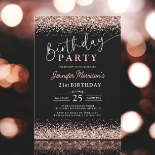 Elegant Rose Gold Black Glitter 21st Birthday Invitation