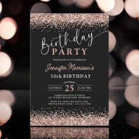 Elegant Rose Gold Black Glitter 30th Birthday