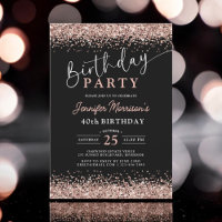 Elegant Rose Gold Black Glitter 40th Birthday