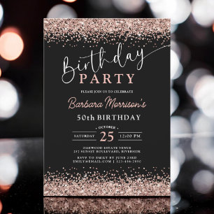 Elegant Rose Gold Black Glitter 50th Birthday Invitation