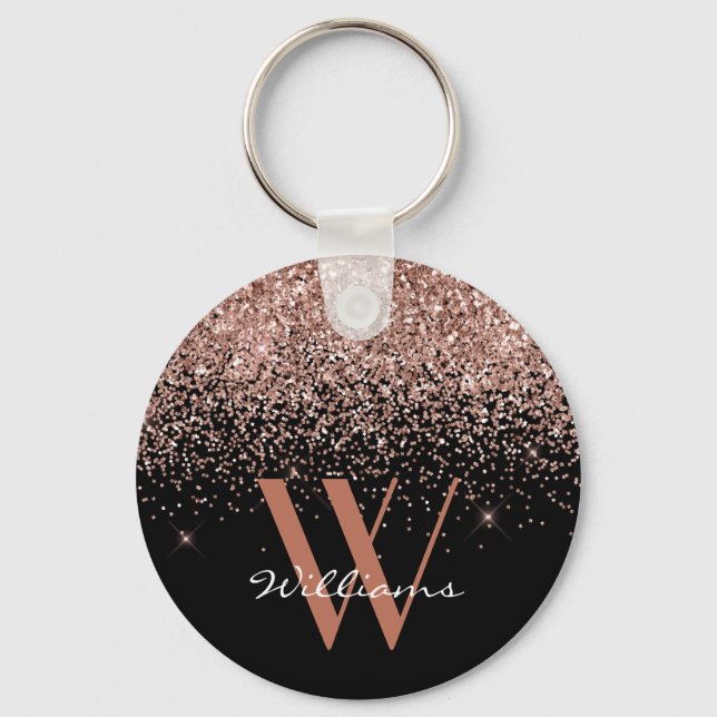 Elegant Rose Gold Black Glitter Monogram Name Key Ring (Front)
