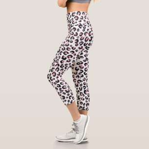 Elegant Rose Gold Black Leopard Animal Print Capri Leggings