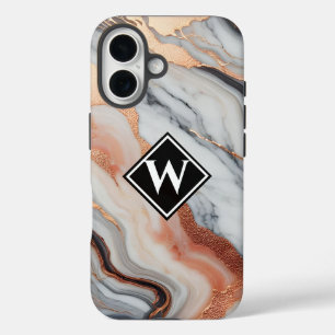 Elegant Rose Gold Black Marble Monogram iPhone 16 Case