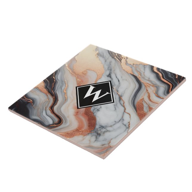 Elegant Rose Gold Black Marble Monogram Ceramic Tile (Side)