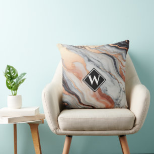 Elegant Rose Gold Black Marble Monogram Cushion