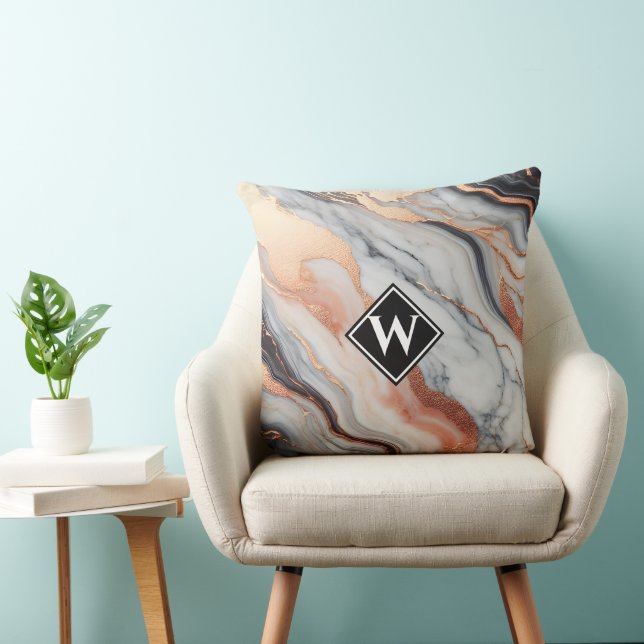 Elegant Rose Gold Black Marble Monogram Cushion (Chair)