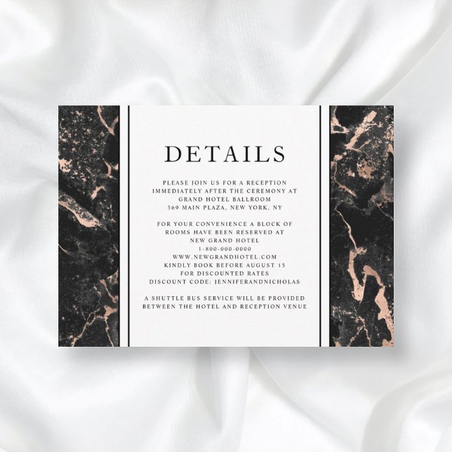 Elegant Rose Gold Black Marble Wedding Details Enclosure Card (Creator Uploaded)
