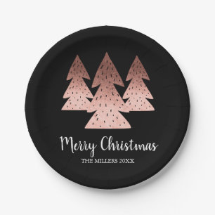 Elegant rose gold & black Merry Christmas tree Paper Plate